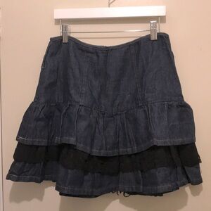 Denim Ruffled Skirt with Black Lace Trim and Zippered Back. Size Medium